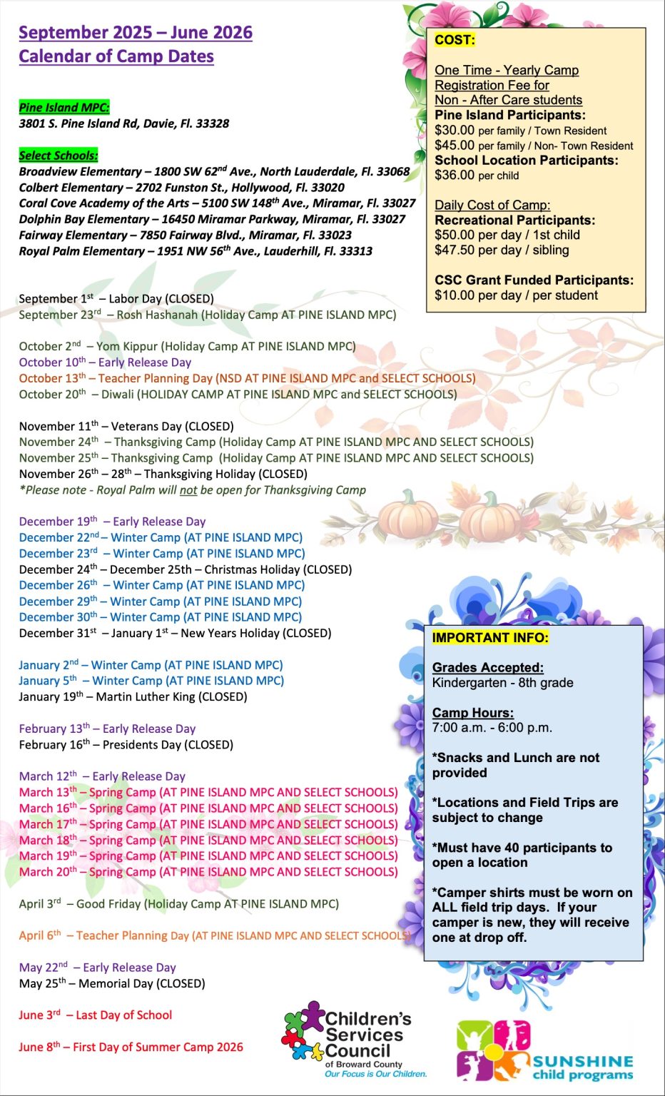 Sunshine Winter Camps 2025-2026 Cost